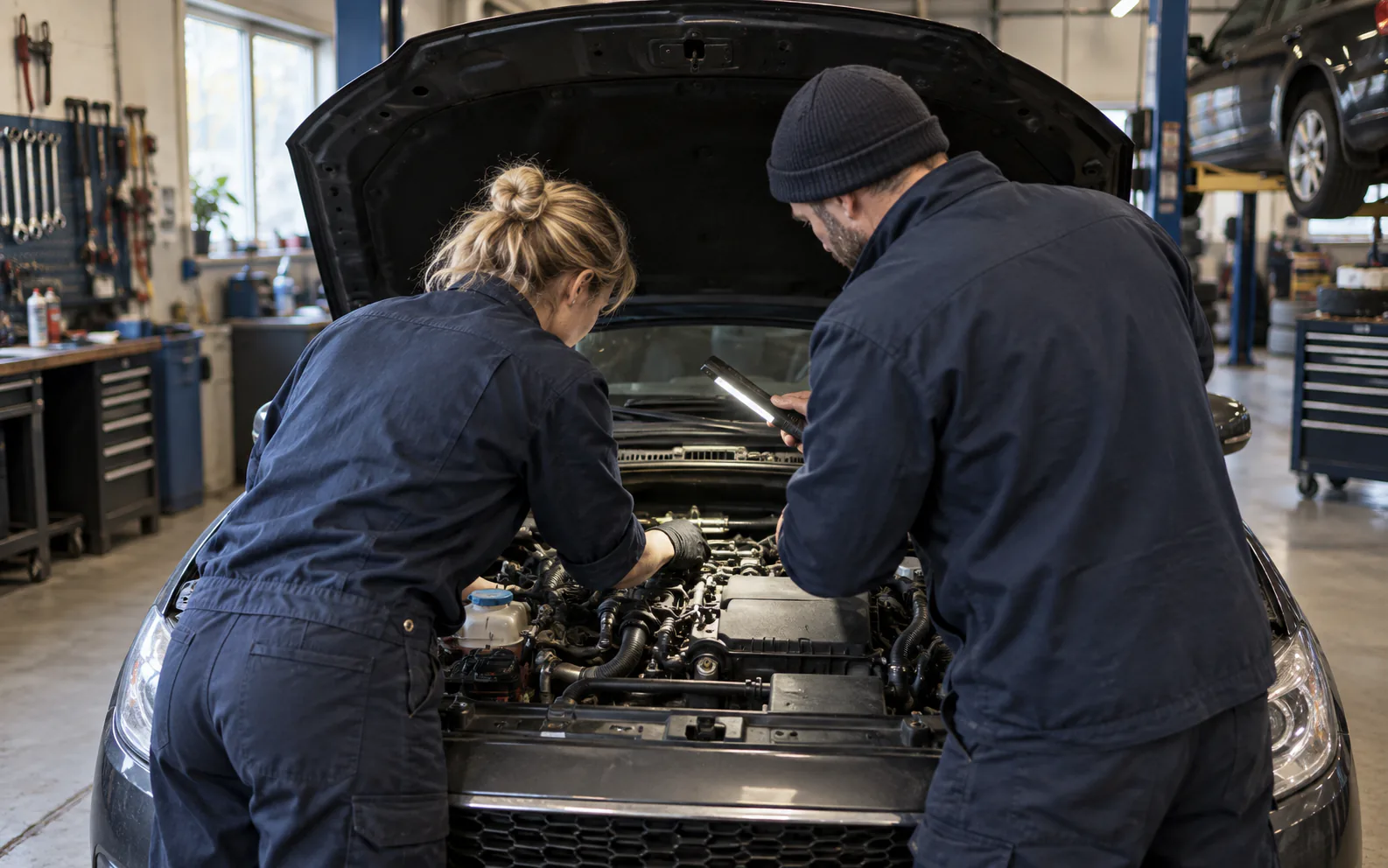 Två tekniker som arbetar tillsammans vid ett öppet motorrum