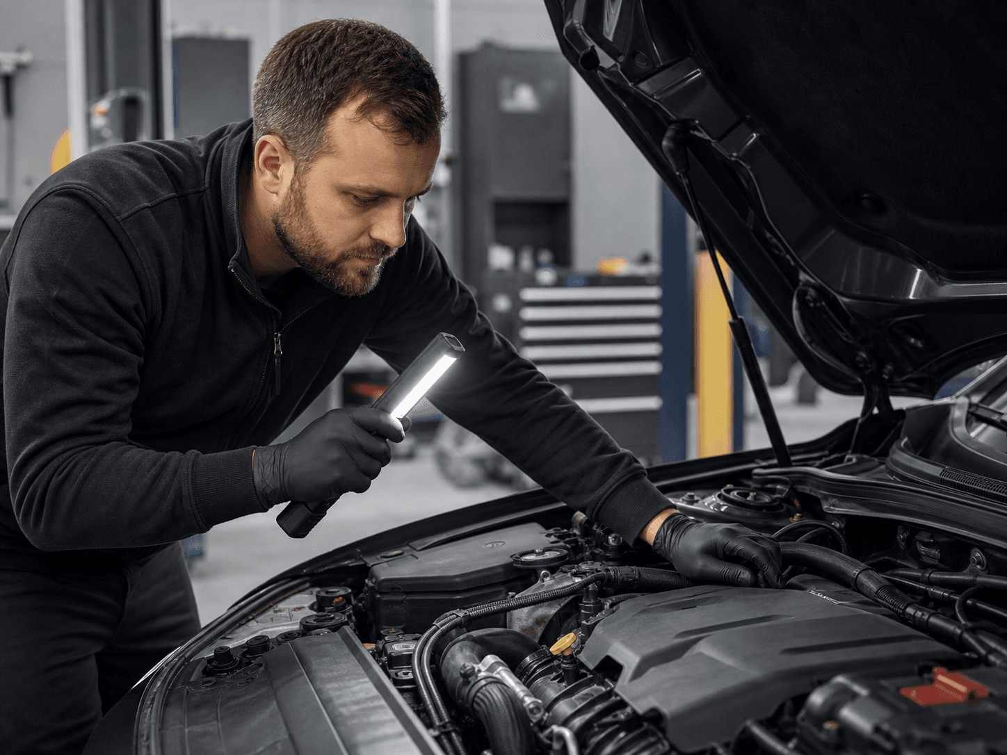 Mekaniker som inspekterar en motor med inspektionslampa
