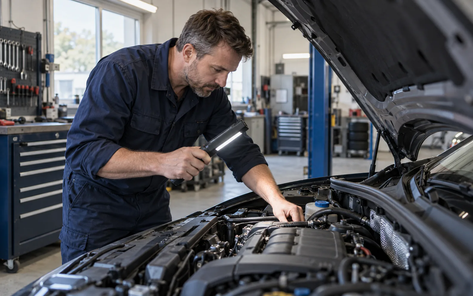 Mekaniker som inspekterar en motor med inspektionslampa